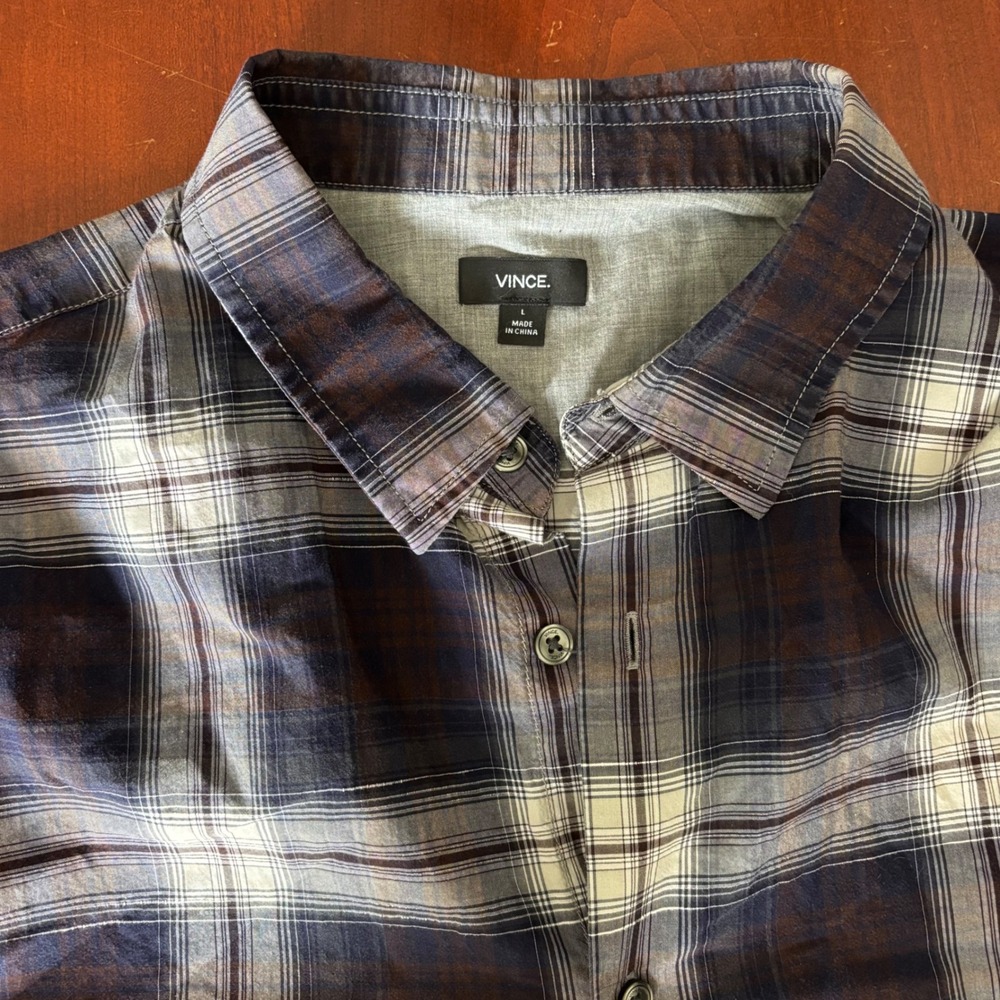 Vince | MENS LARGE | Medium Heather Grey Combo | Plaid Button Down Shirt